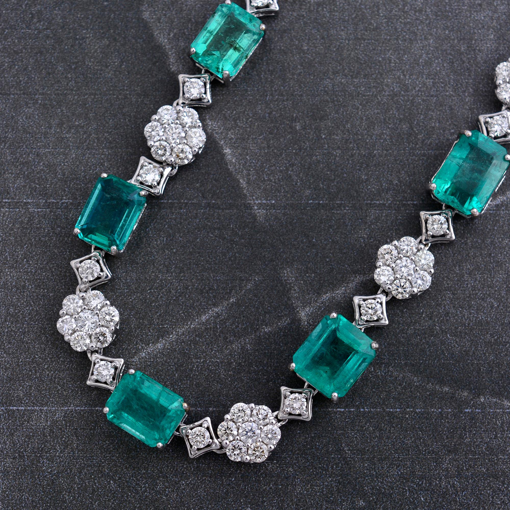 Emerald Cut Natural Emerald Gemstone Necklace Diamond 14 Karat White Gold Handmade Jewelry For Sale