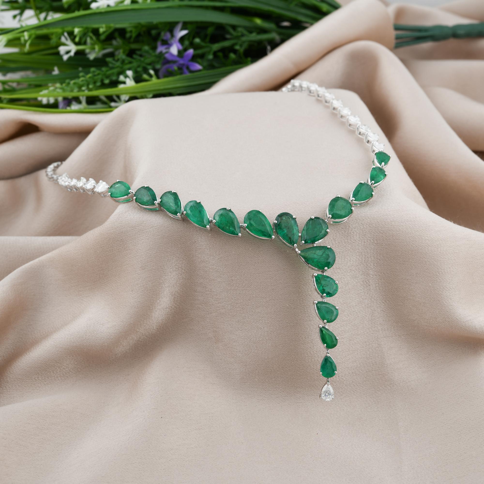 Modern Zambian Emerald Gemstone Necklace Diamond 14 Karat White Gold Handmade Jewelry For Sale