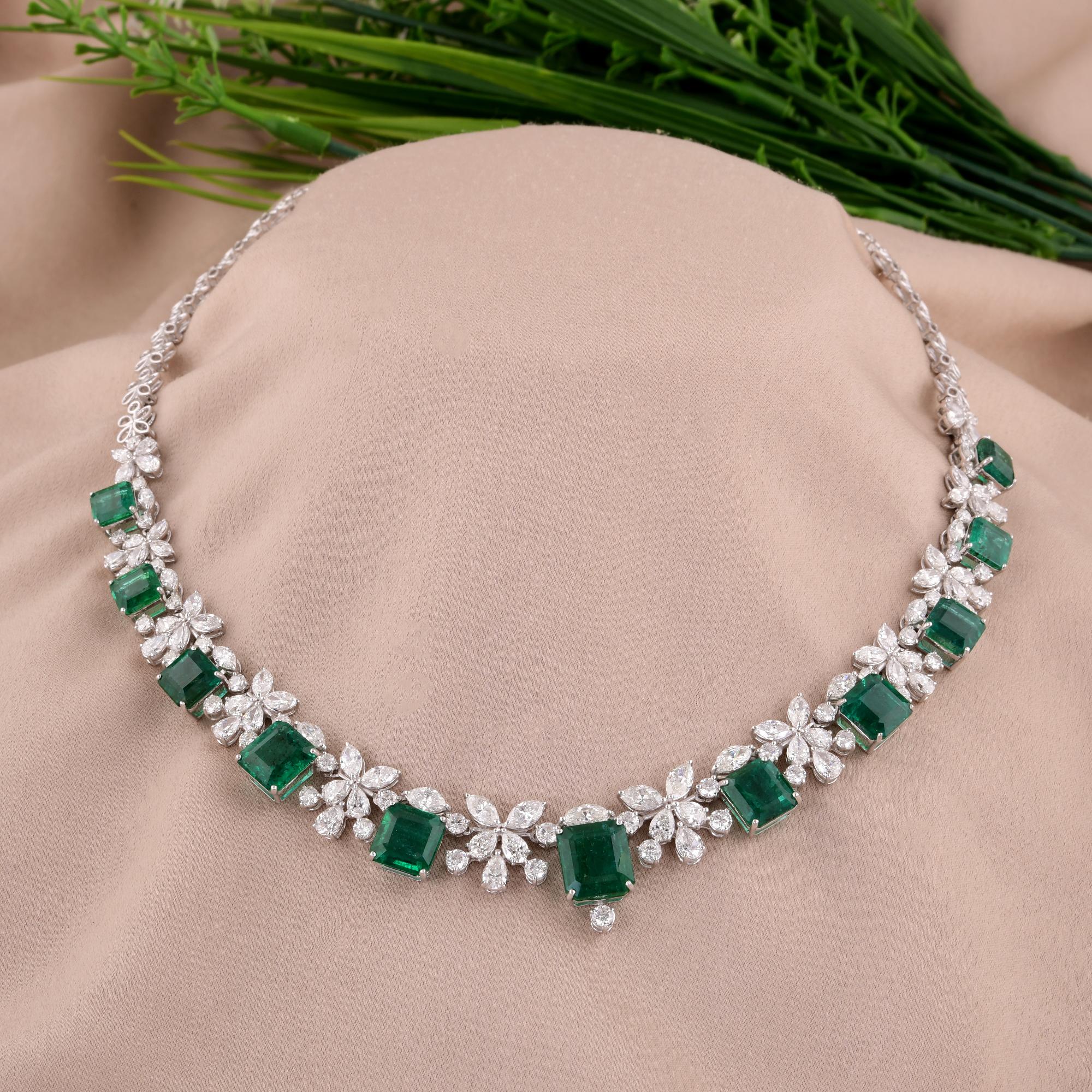 Emerald Cut Zambian Emerald Gemstone Necklace Diamond 14 Karat White Gold Handmade Jewelry For Sale