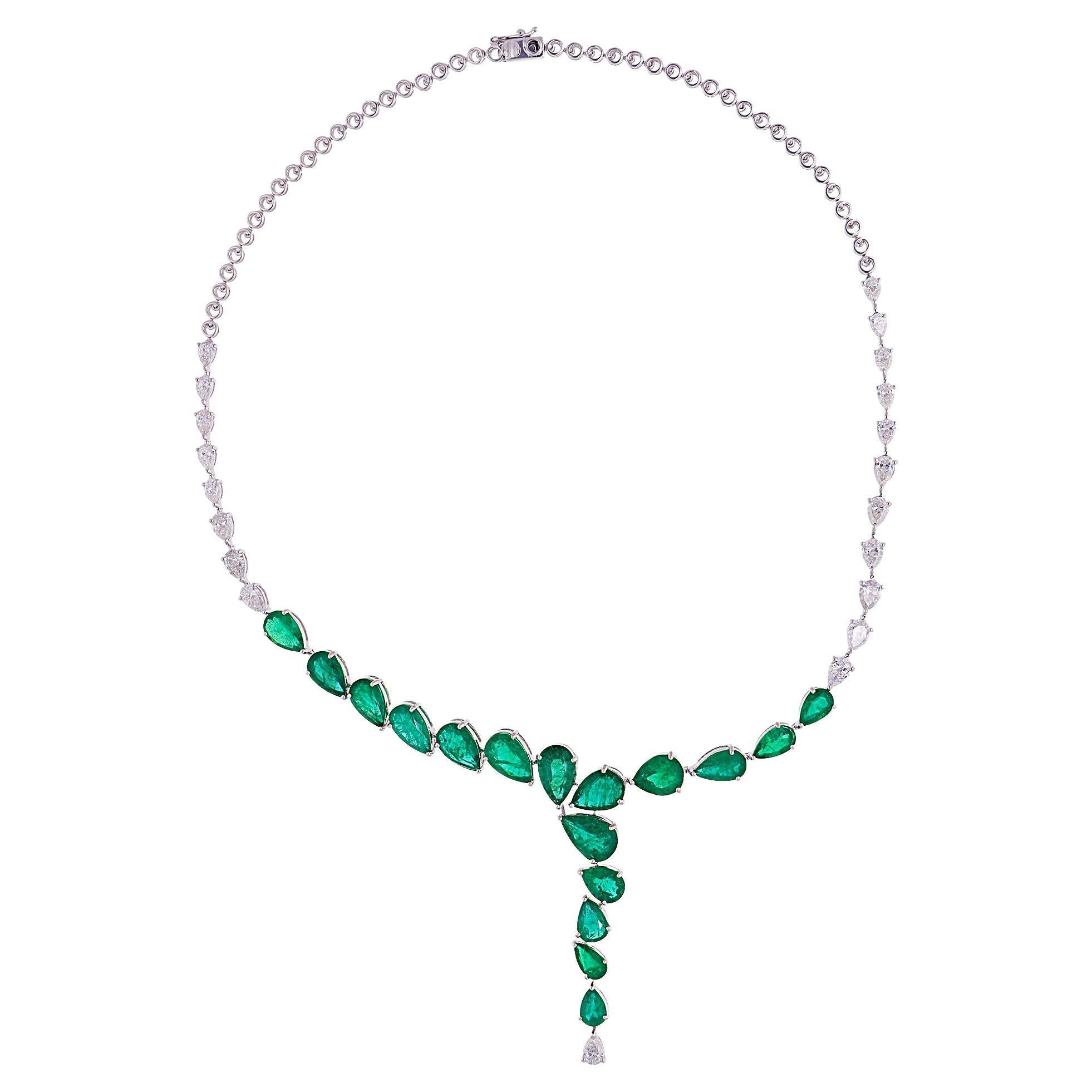 Zambian Emerald Gemstone Necklace Diamond 14 Karat White Gold Handmade Jewelry