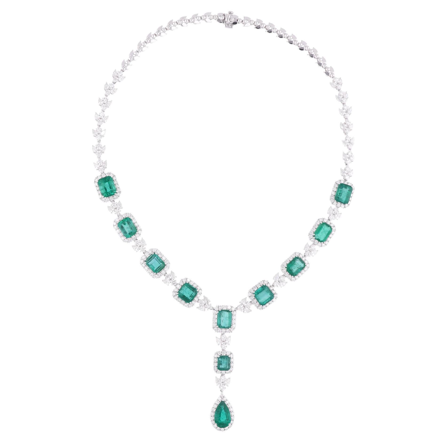 Zambian Emerald Gemstone Necklace Diamond 14 Karat White Gold Handmade Jewelry For Sale