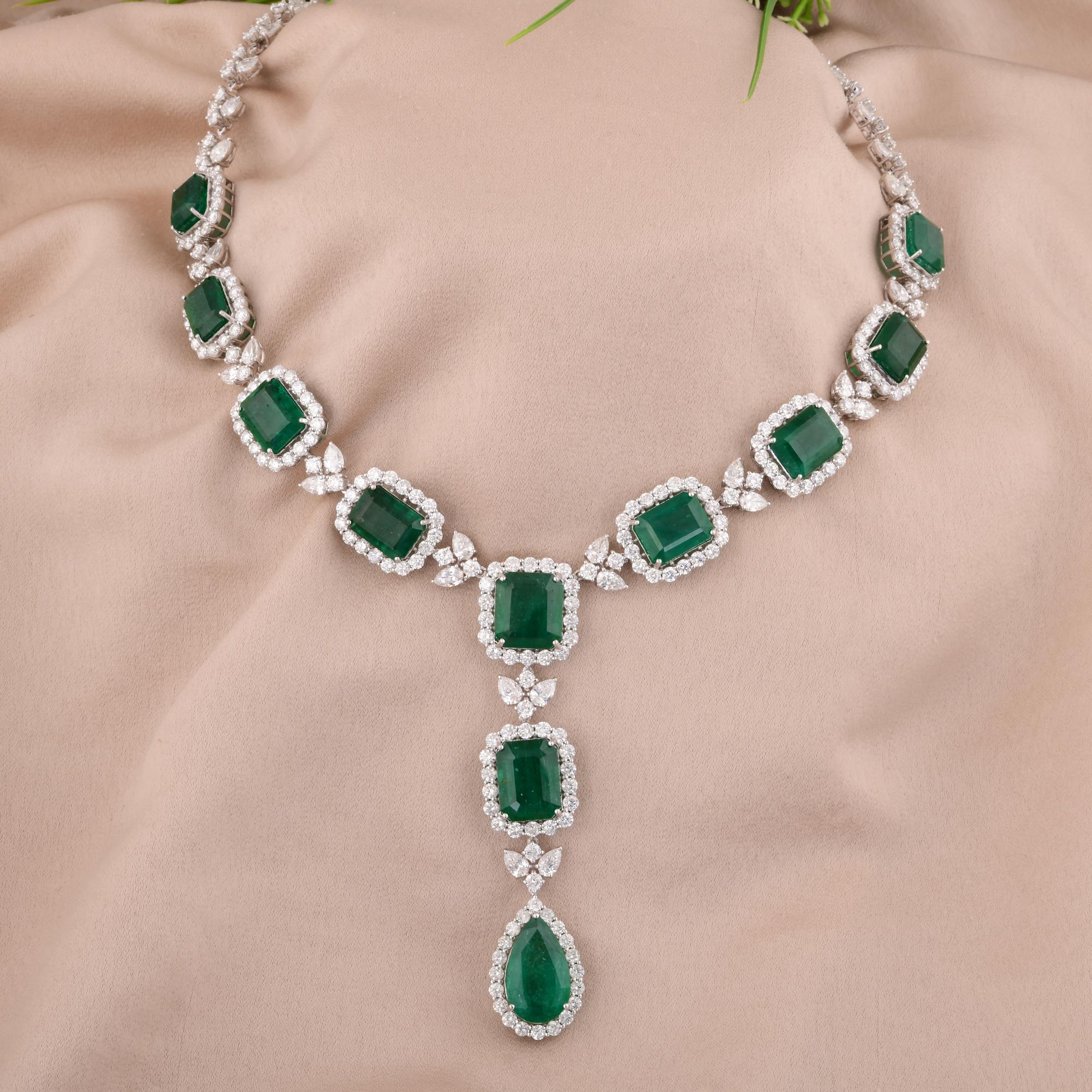 Modern Natural Zambian Emerald Gemstone Necklace Diamond 18 Karat White Gold Jewelry For Sale