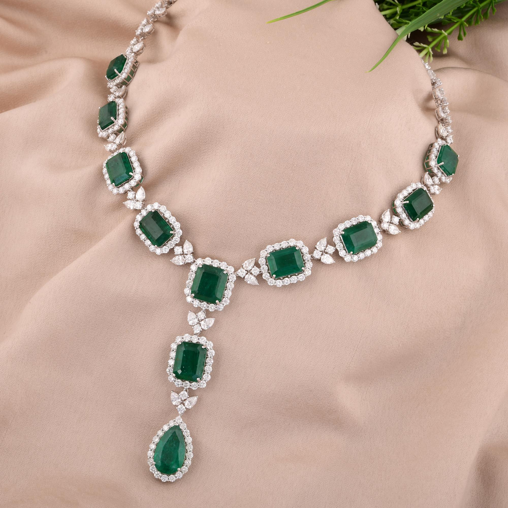 Emerald Cut Natural Zambian Emerald Gemstone Necklace Diamond 18 Karat White Gold Jewelry For Sale