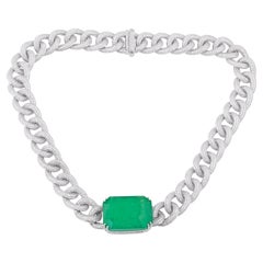 Natural Emerald Gemstone Necklace Diamond 18 Karat White Gold Handmade Jewelry