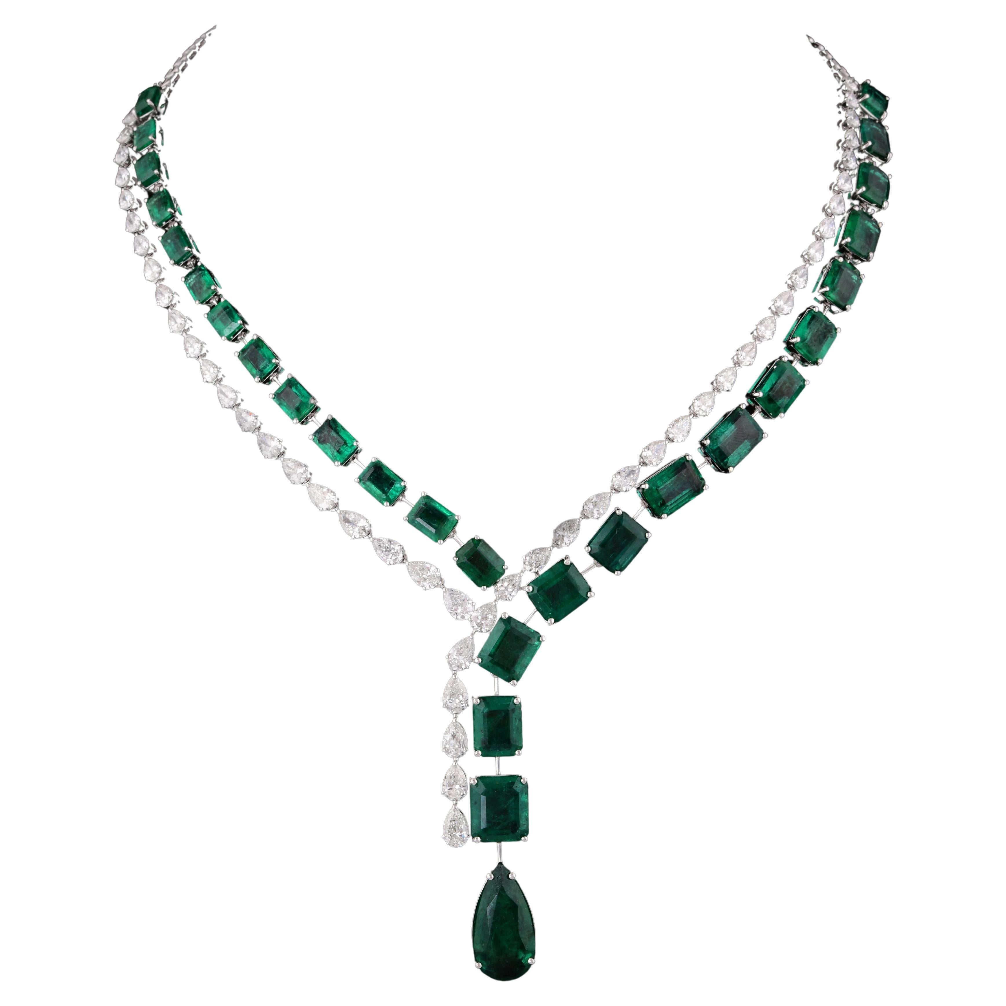 Zambian Emerald Gemstone Necklace Diamond 18 Karat White Gold Handmade ...