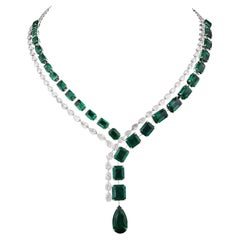 Zambian Emerald Gemstone Necklace Diamond 18 Karat White Gold Handmade Jewelry