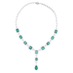 Zambian Emerald Gemstone Necklace Diamond 18 Karat White Gold Handmade Jewelry