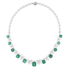 Zambian Emerald Gemstone Necklace Diamond 18 Karat White Gold Handmade Jewelry