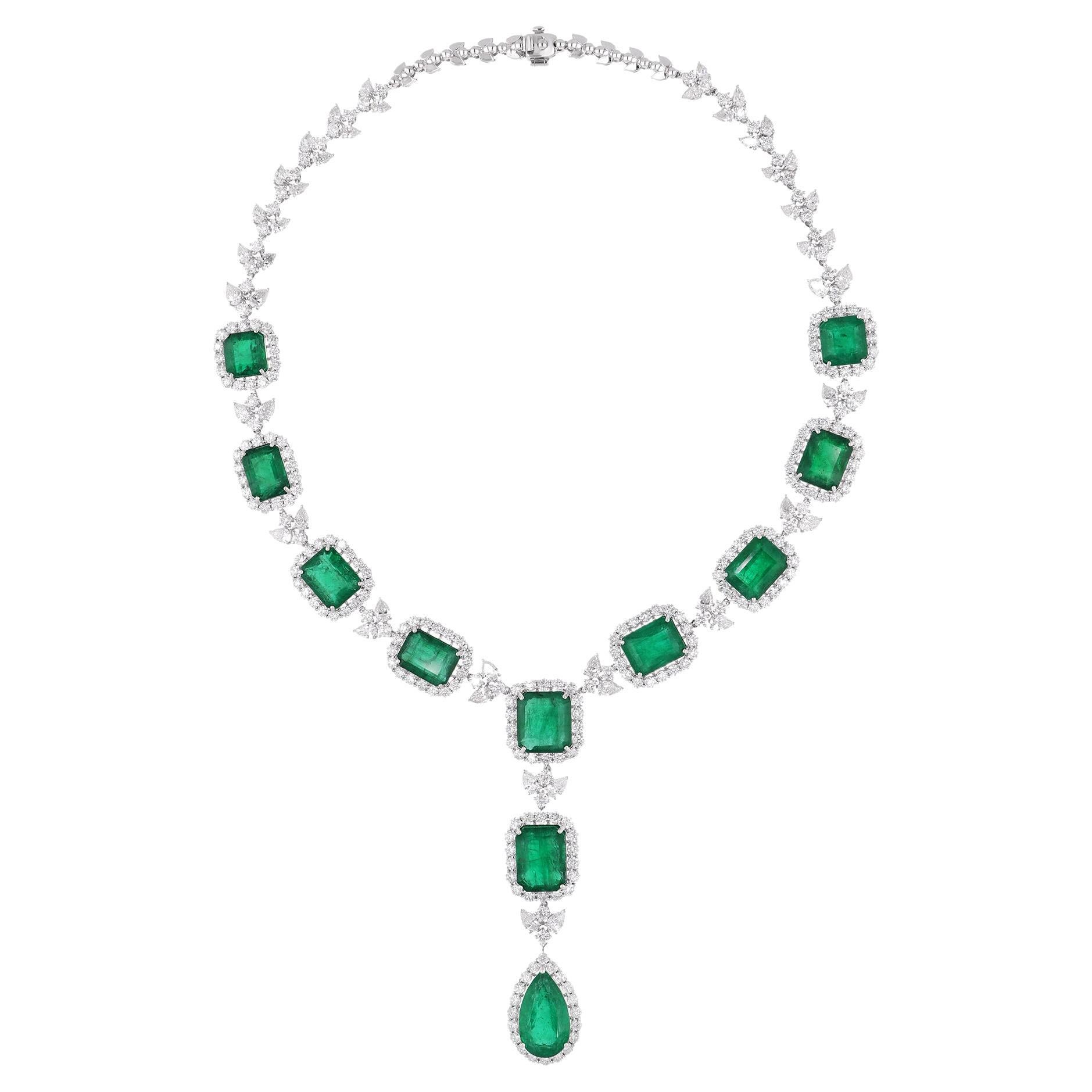 Natural Zambian Emerald Gemstone Necklace Diamond 18 Karat White Gold Jewelry