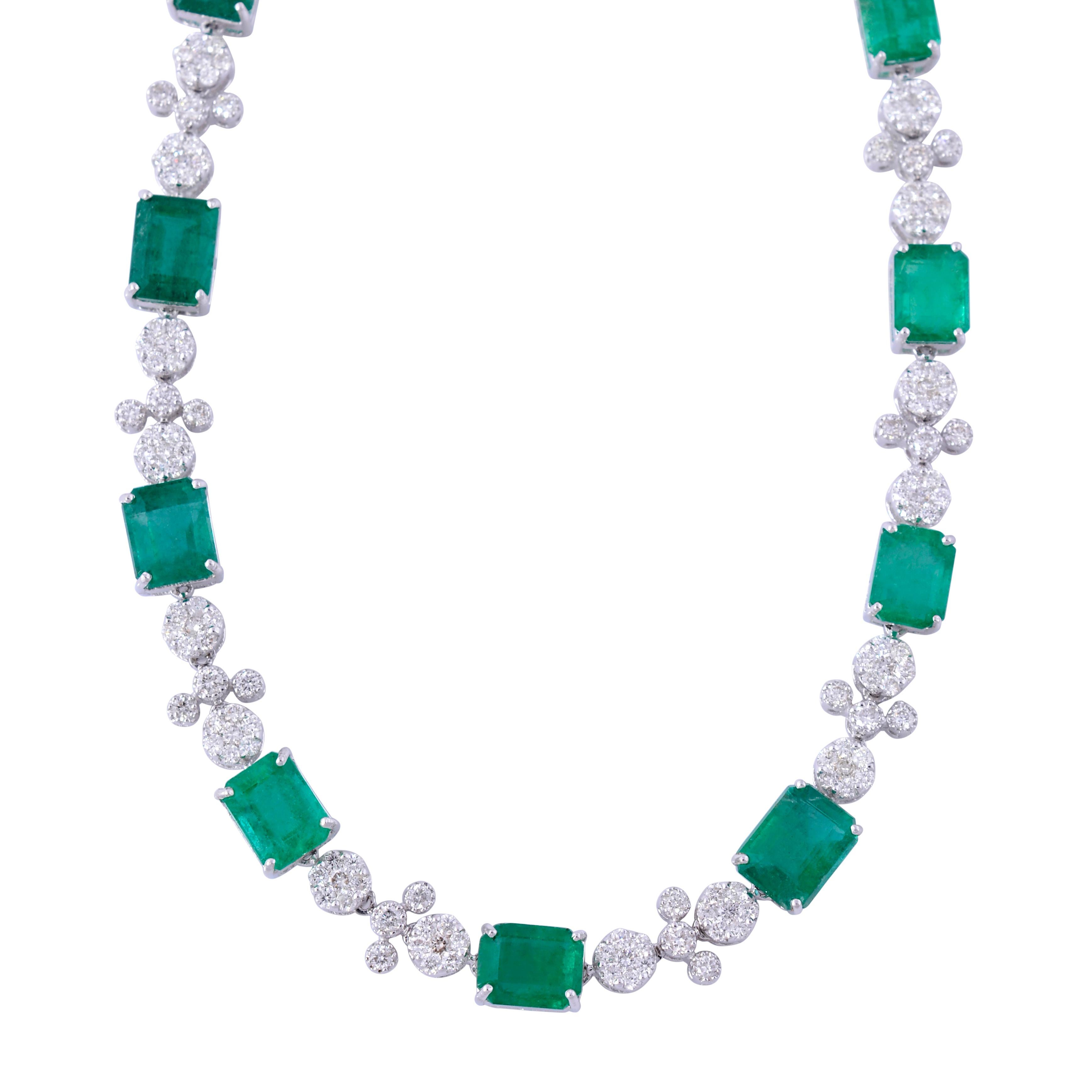 Modern Natural Emerald Gemstone Necklace Diamond Pave 14 Karat White Gold Fine Jewelry For Sale