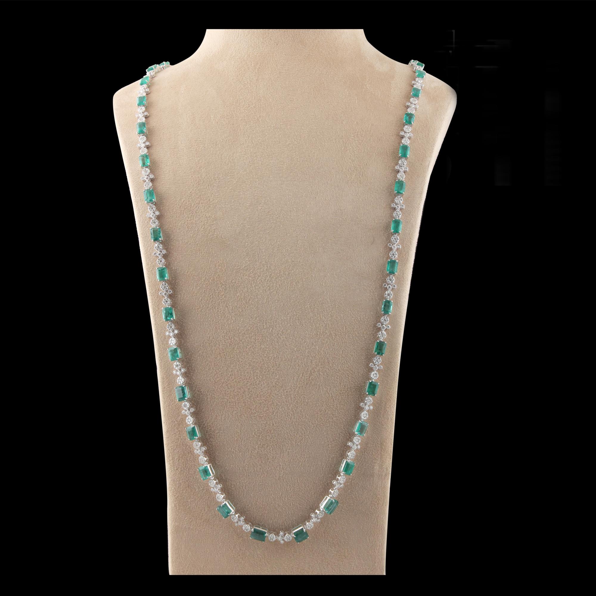 Emerald Cut Natural Emerald Gemstone Necklace Diamond Pave 14 Karat White Gold Fine Jewelry For Sale