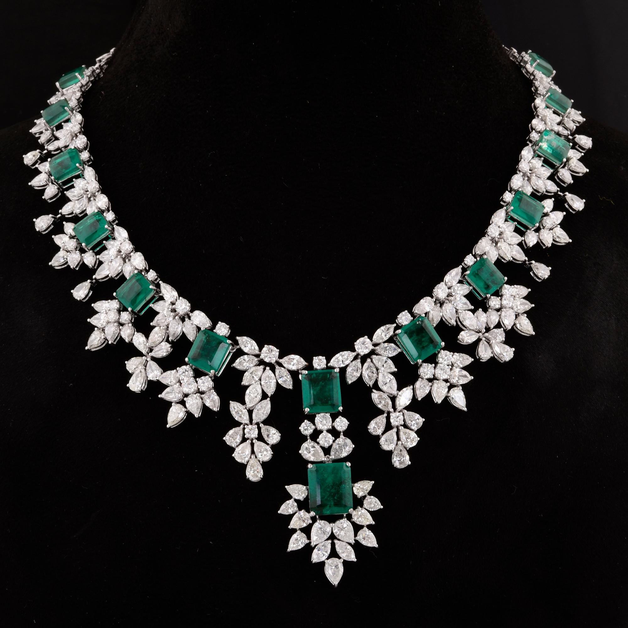 Modern Zambian Emerald Gemstone Necklace Marquise Diamond 18 Karat White Gold Jewelry For Sale