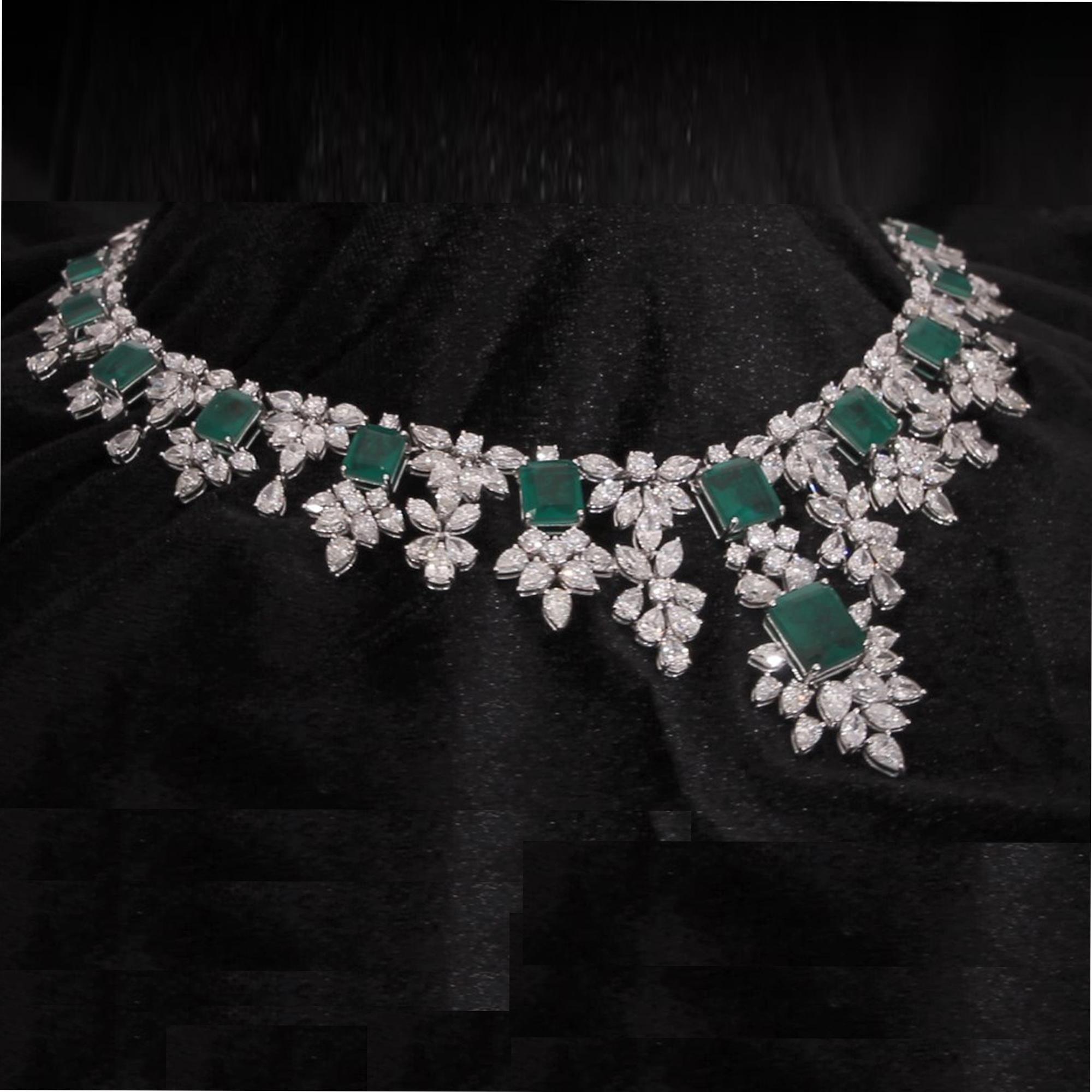 Women's Zambian Emerald Gemstone Necklace Marquise Diamond 18 Karat White Gold Jewelry For Sale