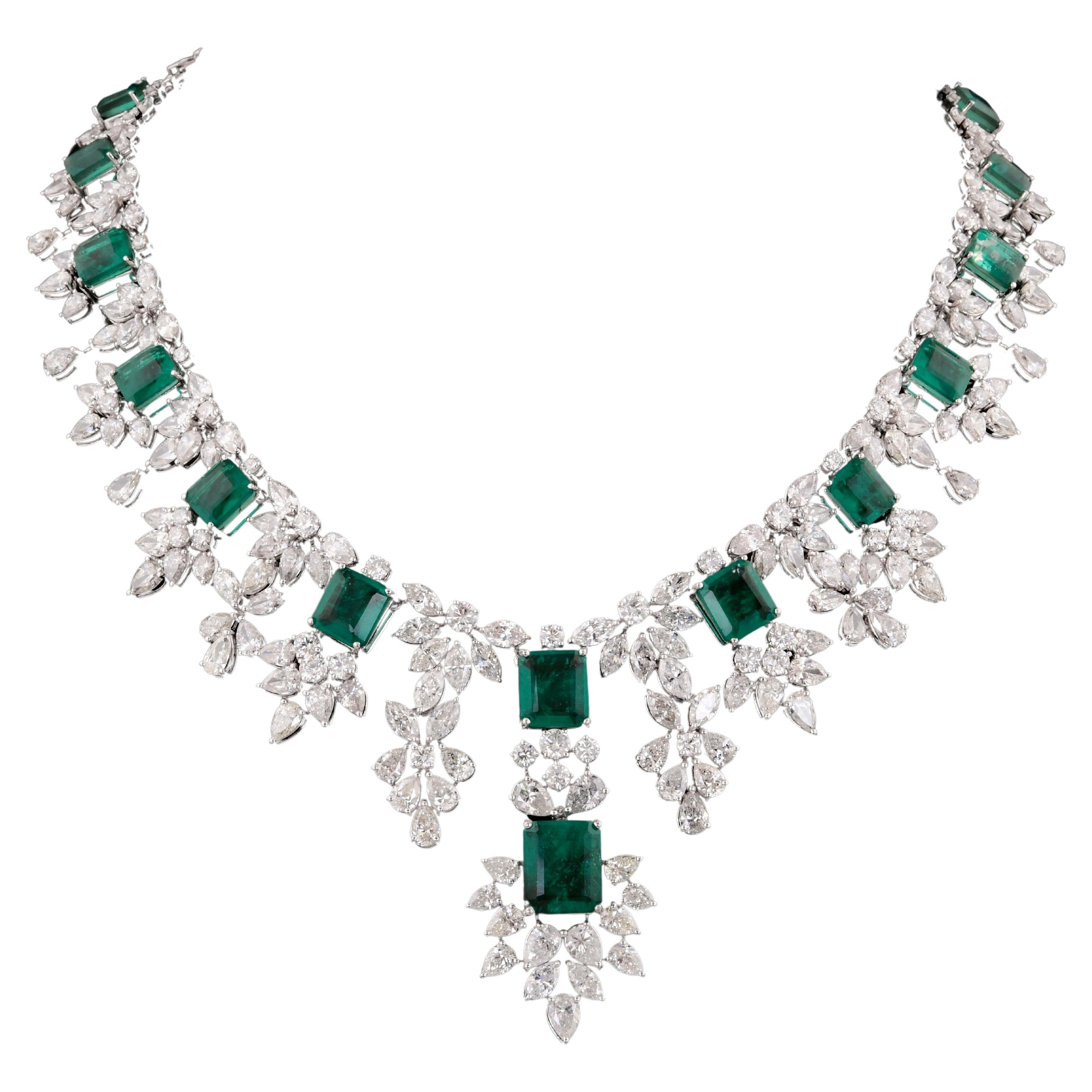 Sambische Smaragd-Edelstein-Halskette Marquise Diamant 18 Karat Weißgold-Schmuck