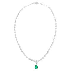 Zambian Emerald Gemstone Necklace SI/H Diamond 14 Karat White Gold Fine Jewelry