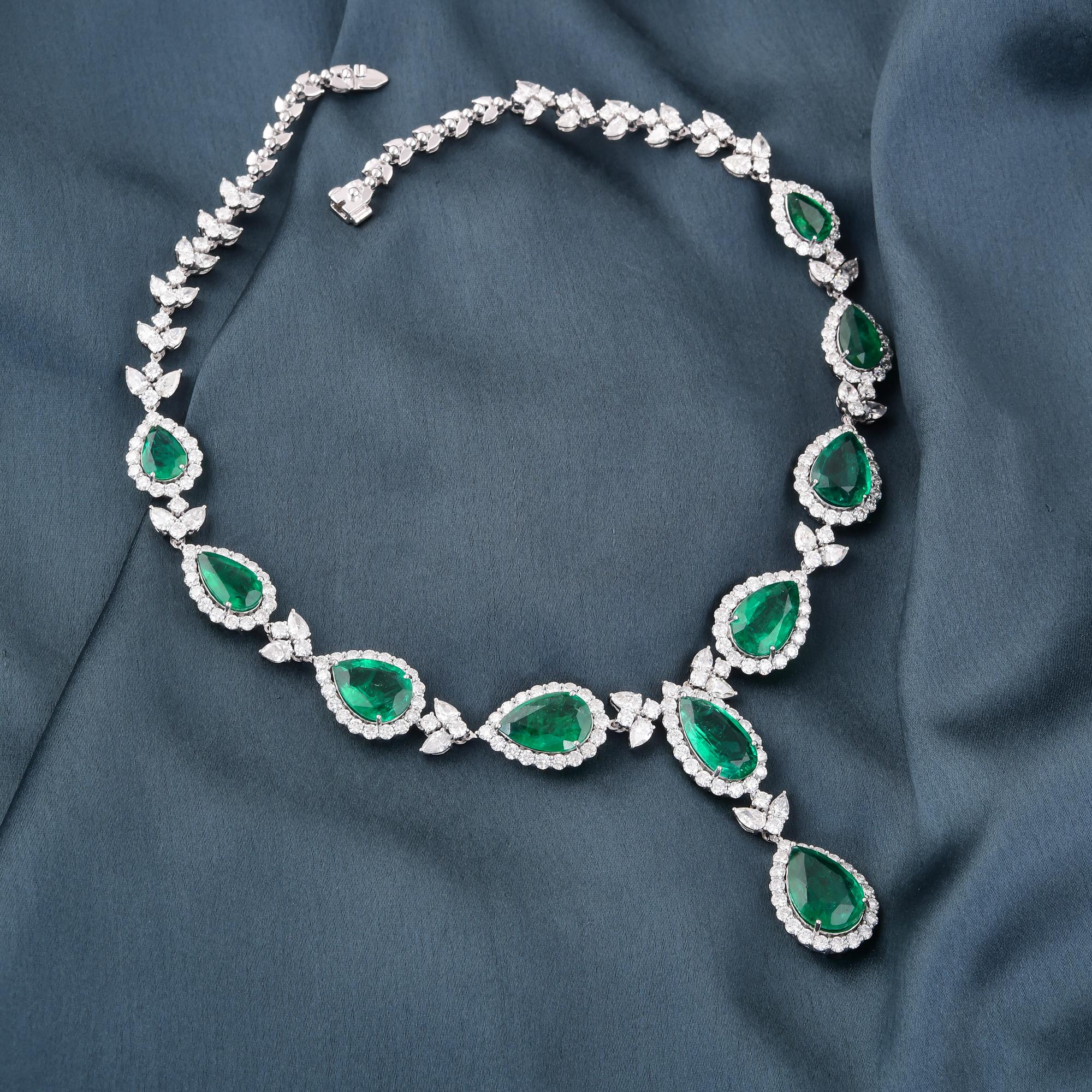 Emerald Cut Zambian Emerald Gemstone Necklace SI/H Diamond 18 Karat White Gold Fine Jewelry For Sale