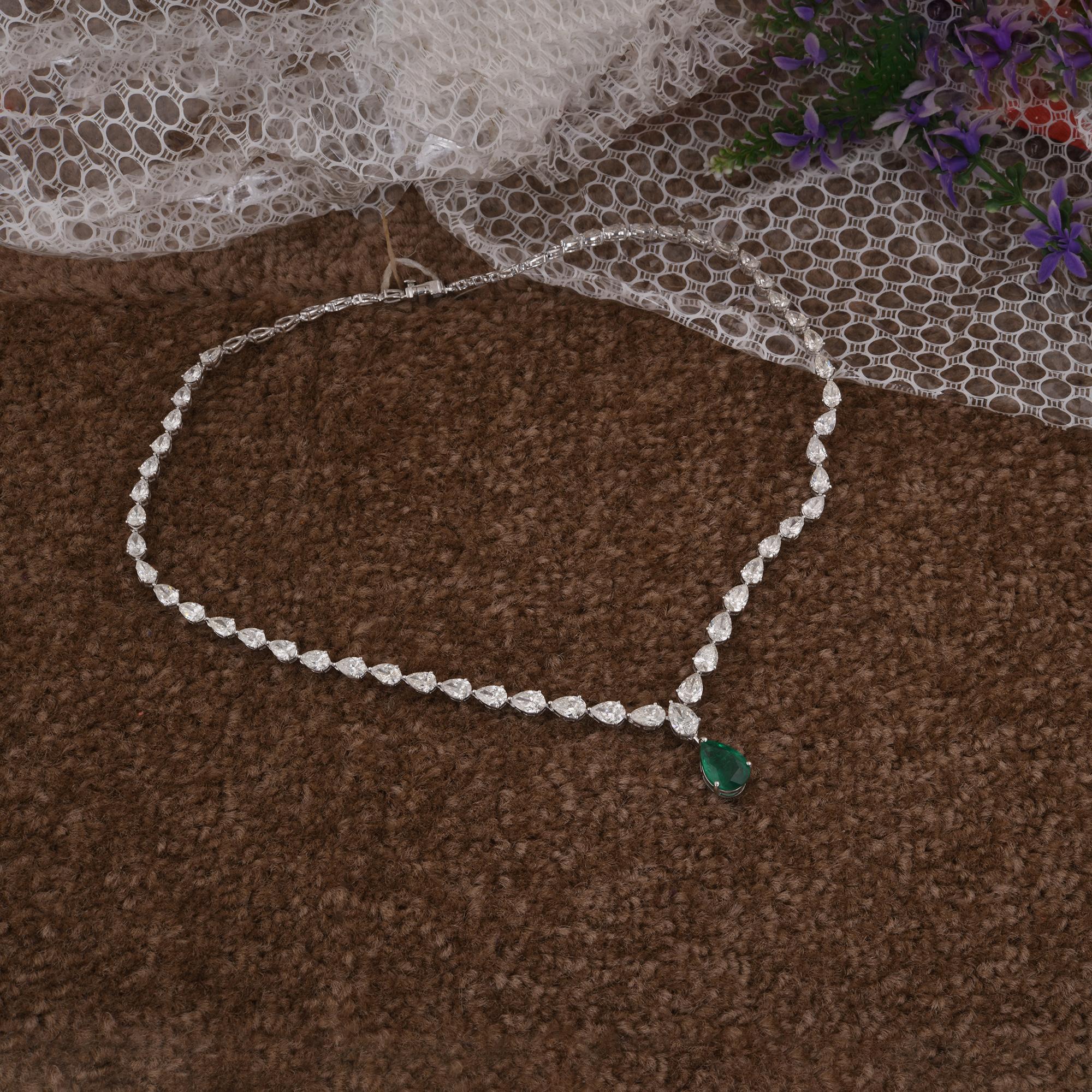 Women's Zambian Emerald Gemstone Necklace SI/H Diamond 18 Karat White Gold Fine Jewelry For Sale
