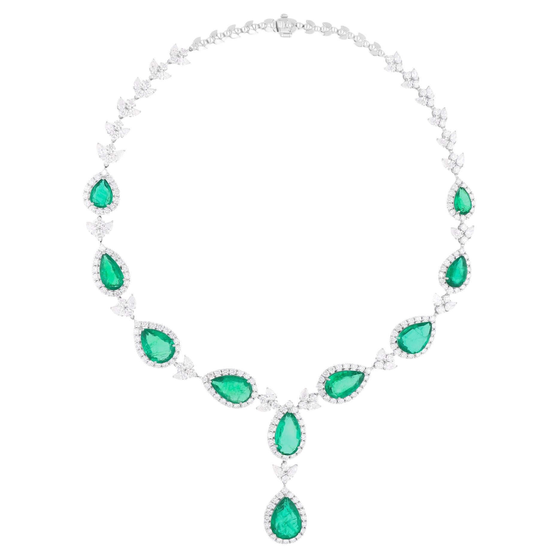Zambian Emerald Gemstone Necklace SI/H Diamond 18 Karat White Gold Fine Jewelry