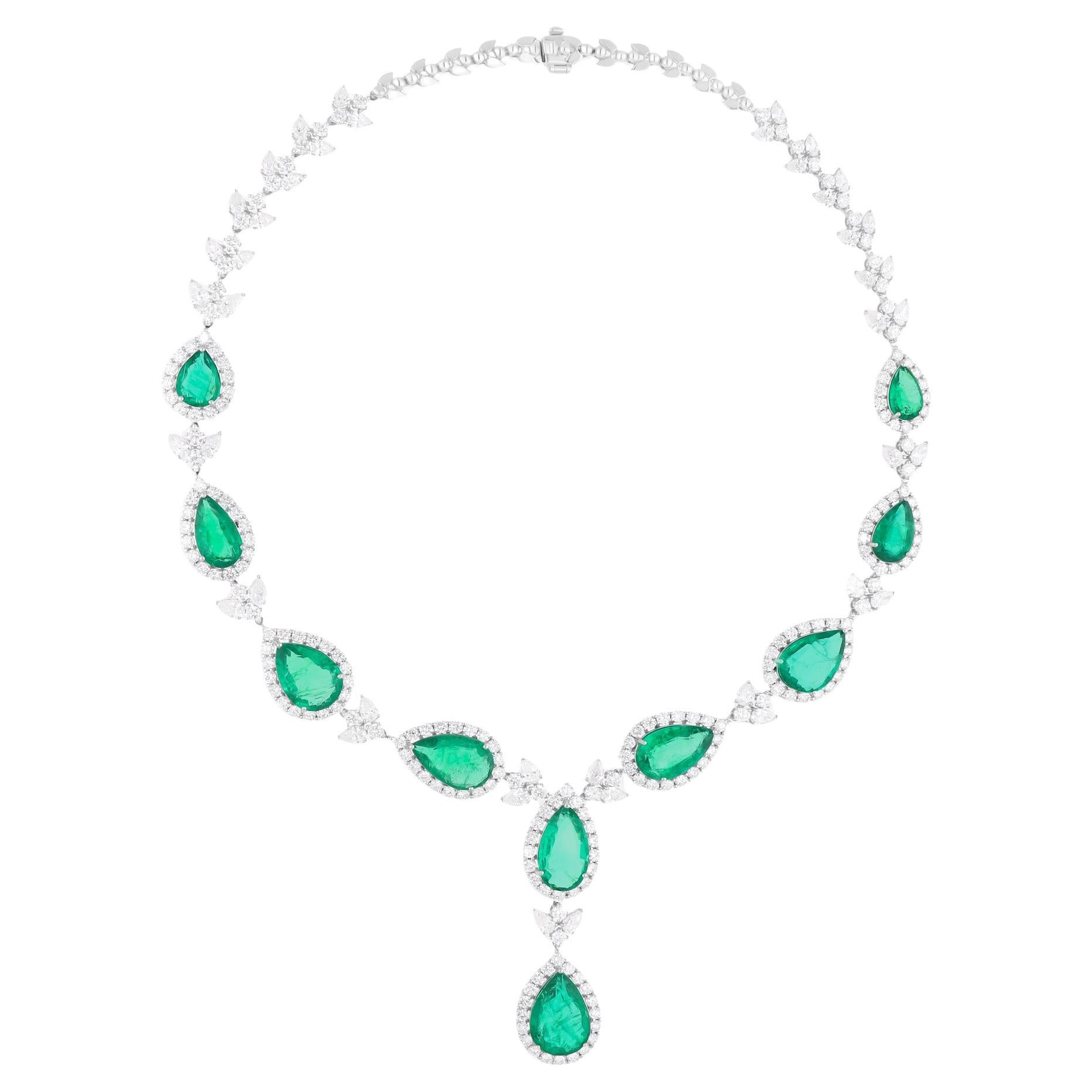 Zambian Emerald Gemstone Necklace SI/H Diamond 18 Karat White Gold Fine Jewelry