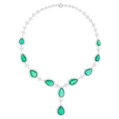Zambian Emerald Gemstone Necklace SI/H Diamond 18 Karat White Gold Fine Jewelry