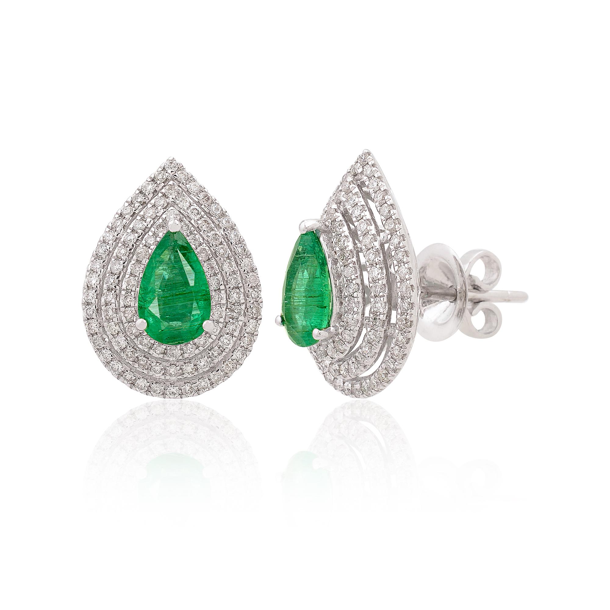 Modern Natural Emerald Gemstone Pear Stud Earrings Diamond 18 Karat White Gold Jewelry For Sale