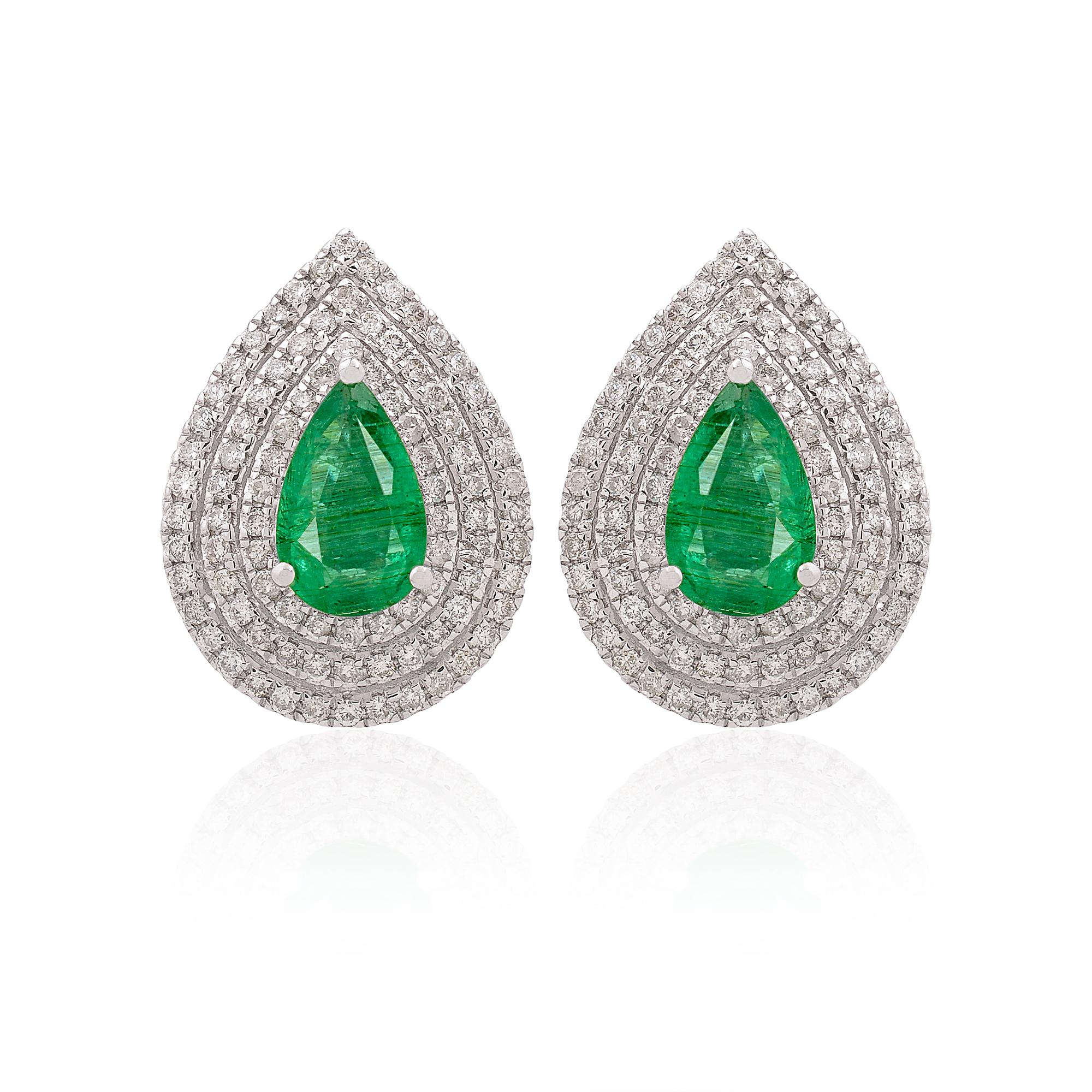 Pear Cut Natural Emerald Gemstone Pear Stud Earrings Diamond 18 Karat White Gold Jewelry For Sale