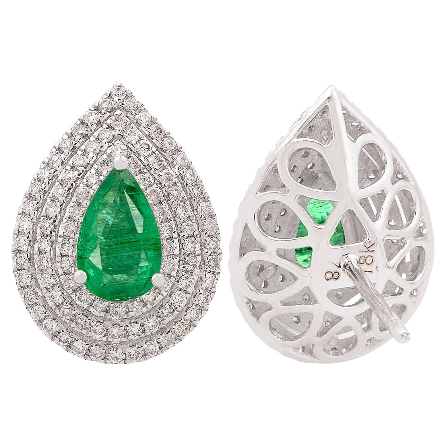 Natural Emerald Gemstone Pear Stud Earrings Diamond 18 Karat White Gold Jewelry For Sale
