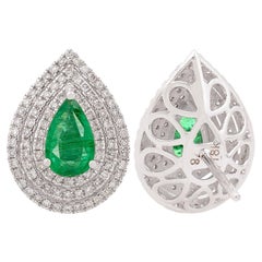 Natural Emerald Gemstone Pear Stud Earrings Diamond 18 Karat White Gold Jewelry