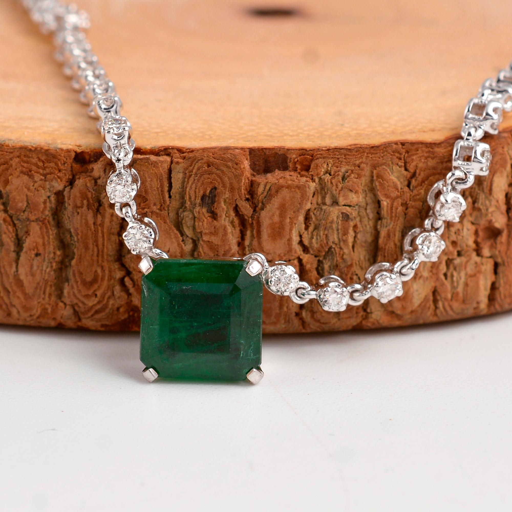 Modern Zambian Emerald Gemstone Pendant Diamond Necklace 18 Karat White Gold Jewelry For Sale