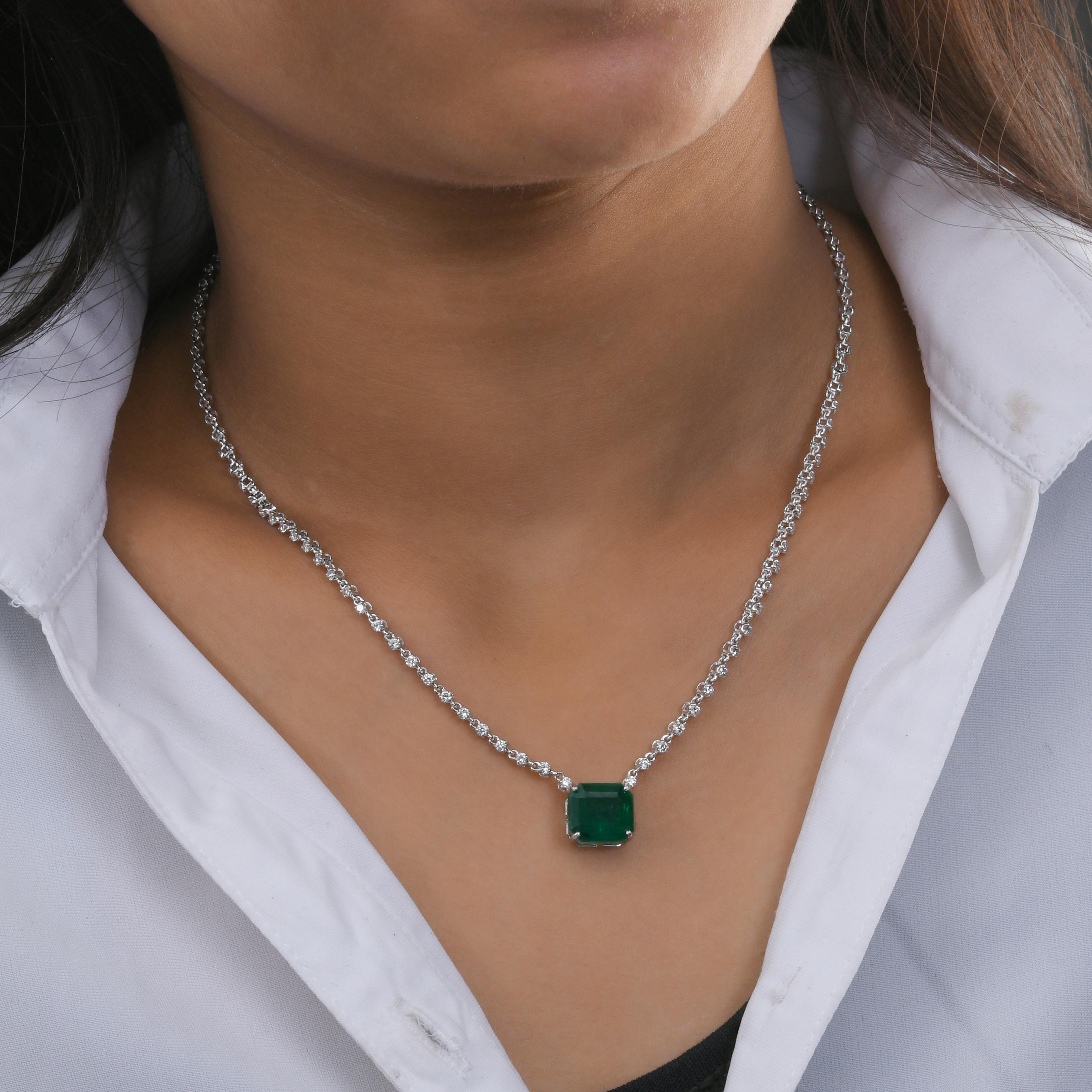 Emerald Cut Zambian Emerald Gemstone Pendant Diamond Necklace 18 Karat White Gold Jewelry For Sale