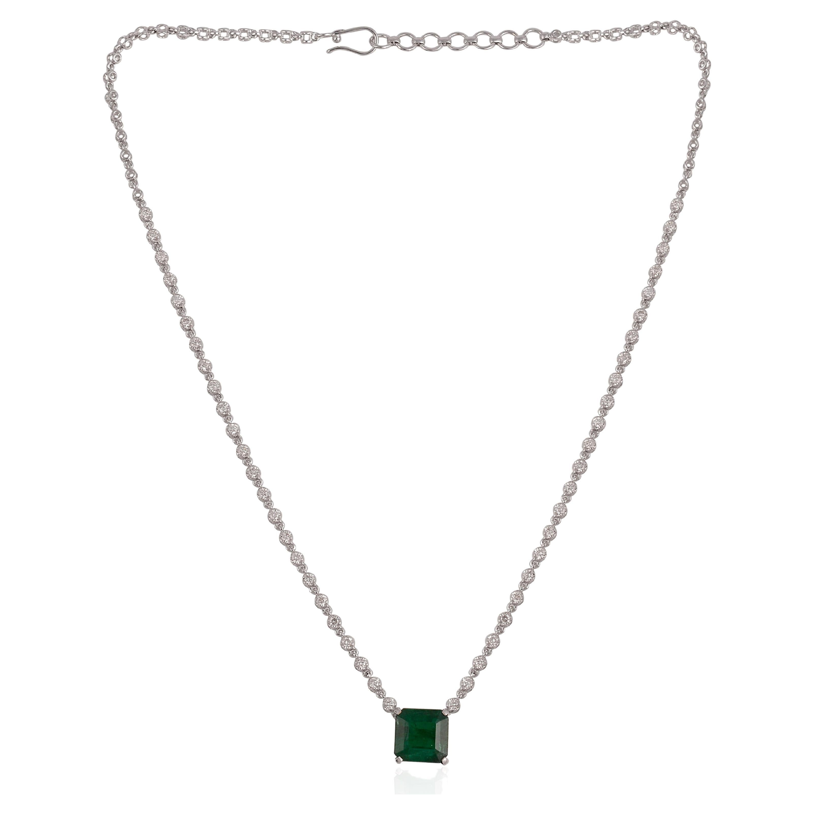 Zambian Emerald Gemstone Pendant Diamond Necklace 18 Karat White Gold Jewelry