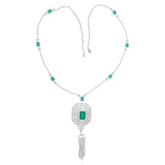 Zambian Emerald Gemstone Pendant Necklace Diamond 14 Karat White Gold Jewelry