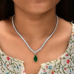 18 Karat White Gold Zambian Emerald Gemstone Pendant Diamond Tennis Necklace