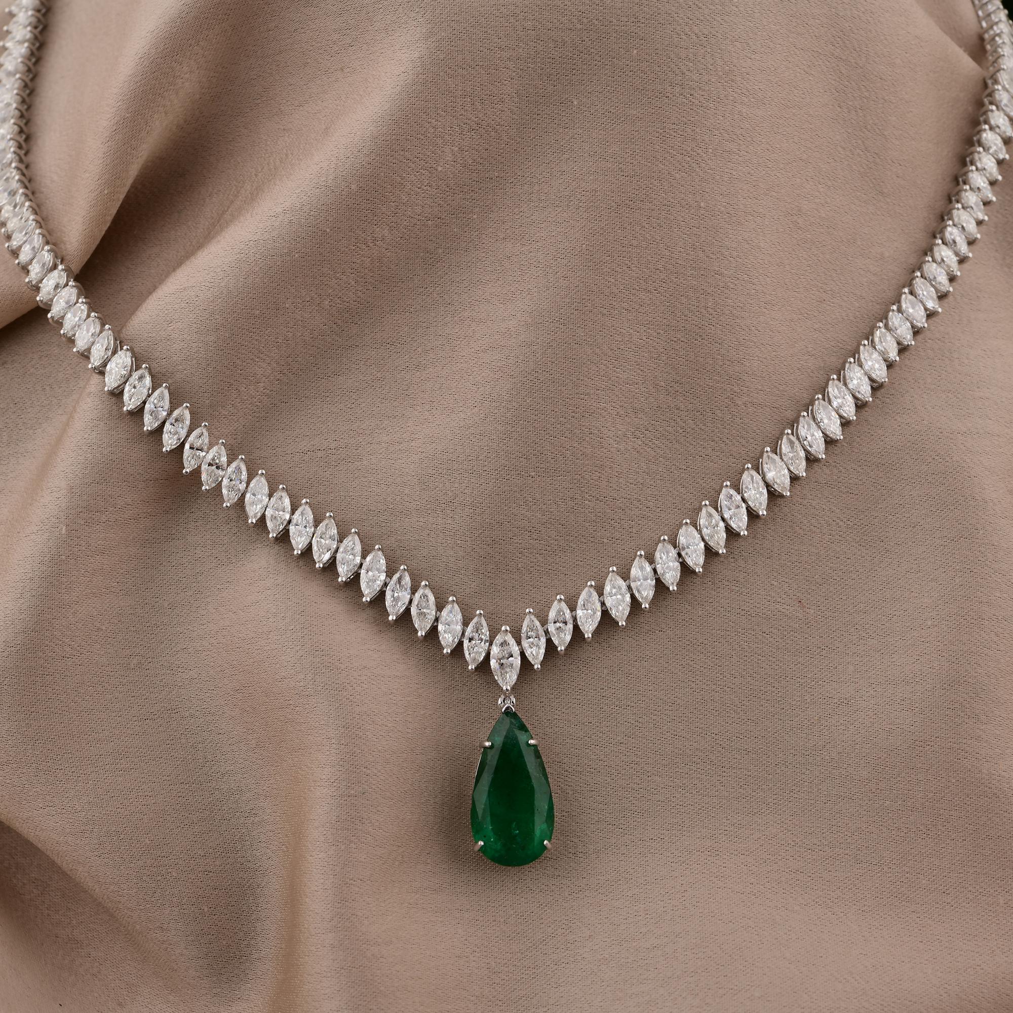 Pear Cut Zambian Emerald Gemstone Pendant Necklace Diamond 18 Karat White Gold Jewelry For Sale