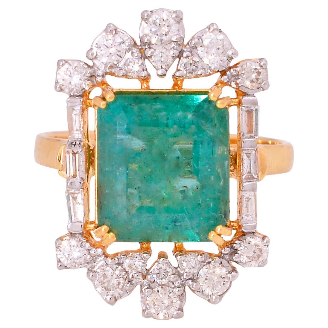 Zambian Emerald Gemstone Ring Baguette Diamond 14 Karat Yellow Gold Fine Jewelry