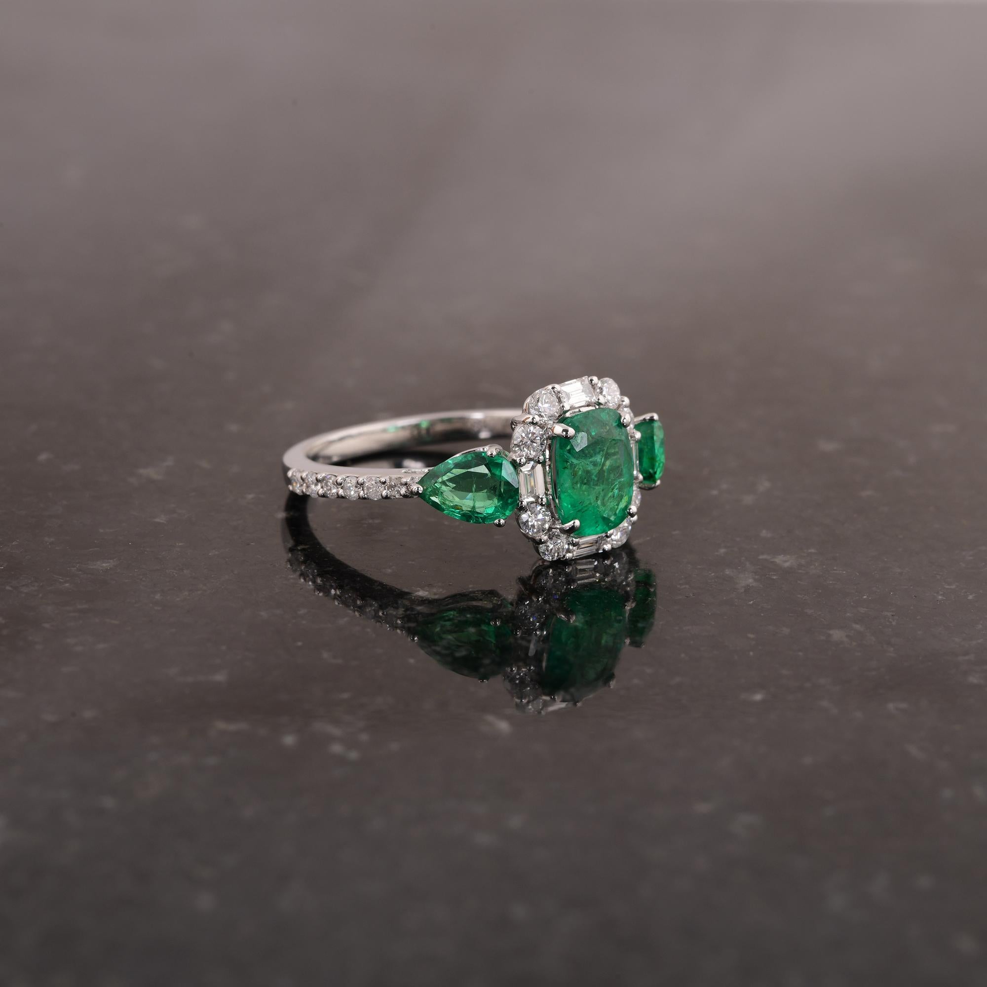 Modern Zambian Emerald Gemstone Ring Diamond 14 Karat White Gold Handmade Fine Jewelry For Sale