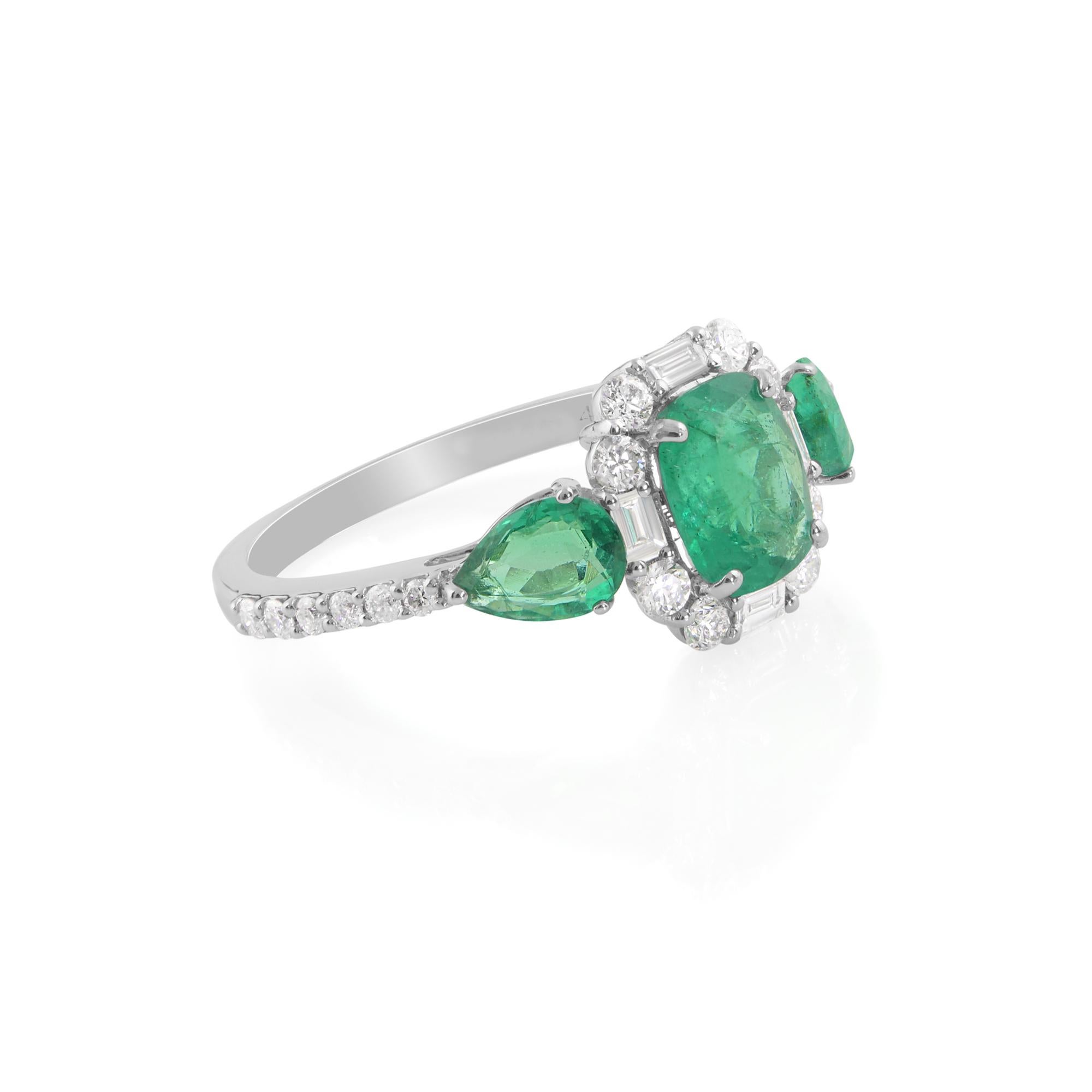 Women's Zambian Emerald Gemstone Ring Diamond 14 Karat White Gold Handmade Fine Jewelry For Sale