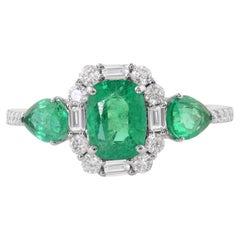 Zambian Emerald Gemstone Ring Diamond 14 Karat White Gold Handmade Fine Jewelry