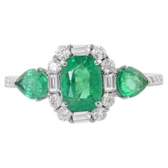 Zambian Emerald Gemstone Ring Diamond 14 Karat White Gold Handmade Jewelry