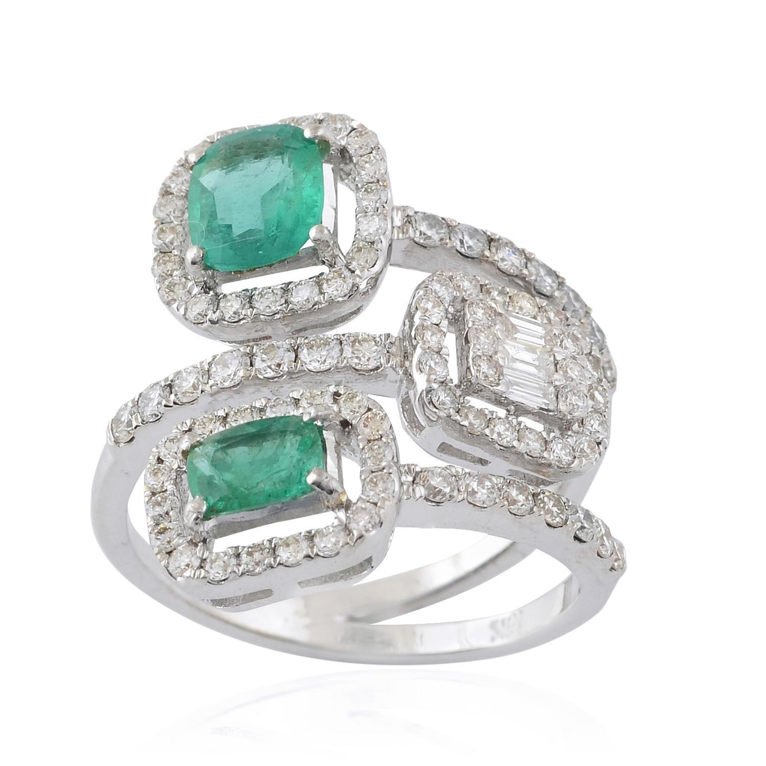 Modern Zambian Emerald Gemstone Ring Diamond 18 Karat White Gold Handmade Fine Jewelry For Sale