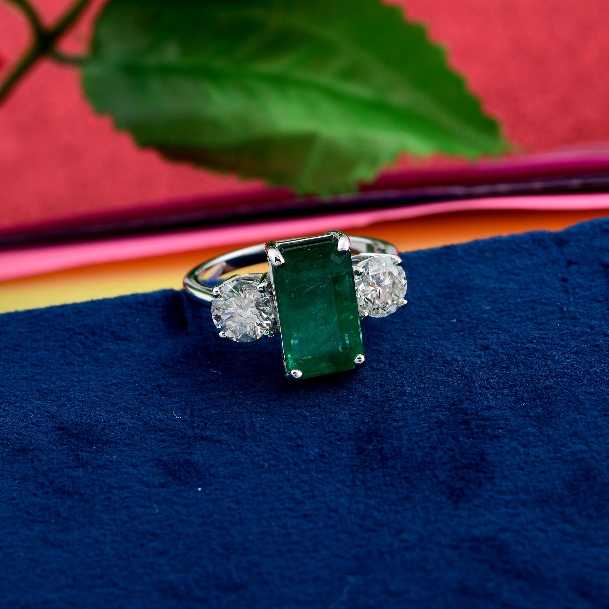 Emerald Cut Natural Emerald Gemstone Ring Diamond 18 Karat White Gold Handmade Fine Jewelry For Sale