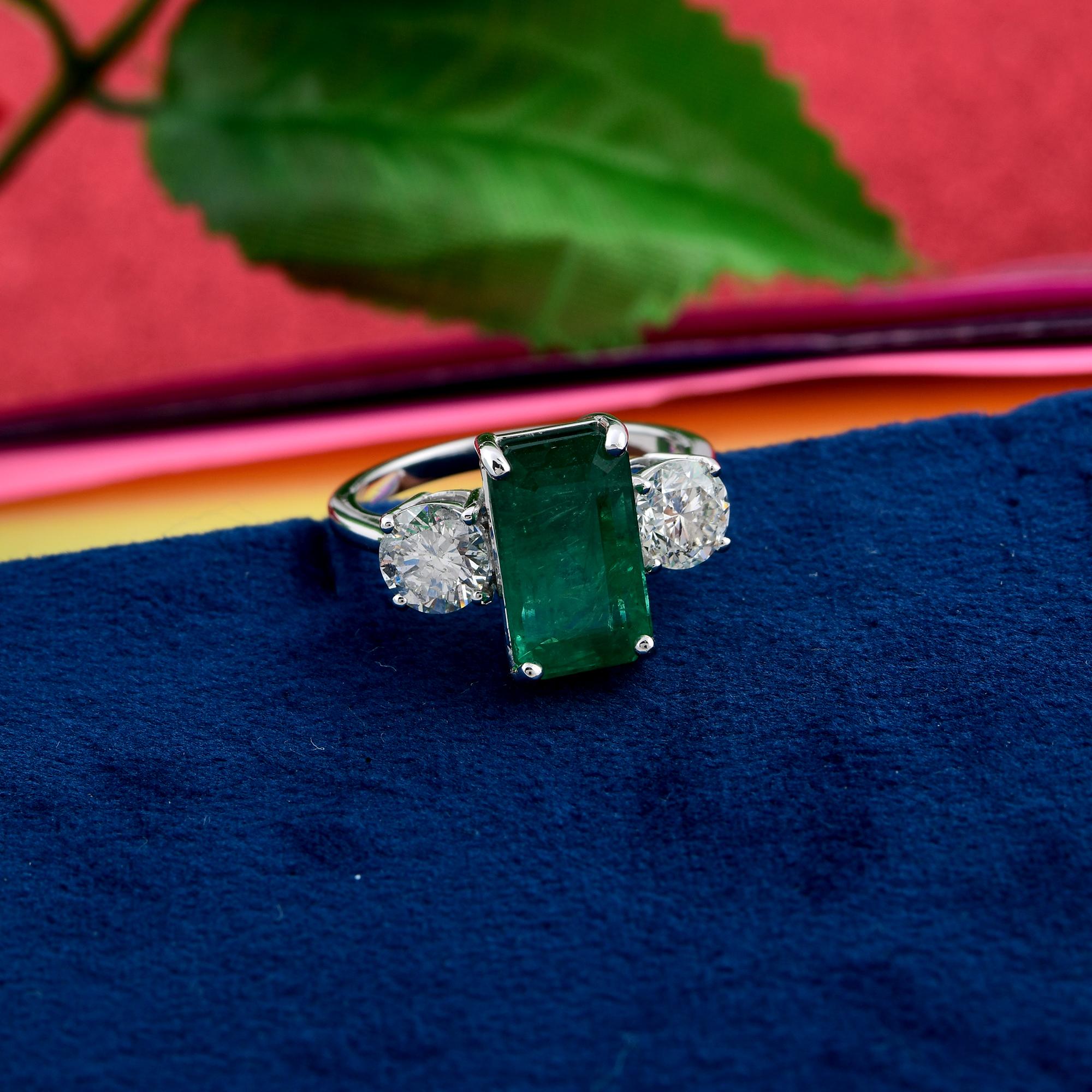 Emerald Cut Natural Emerald Gemstone Ring Diamond 18 Karat White Gold Handmade Fine Jewelry