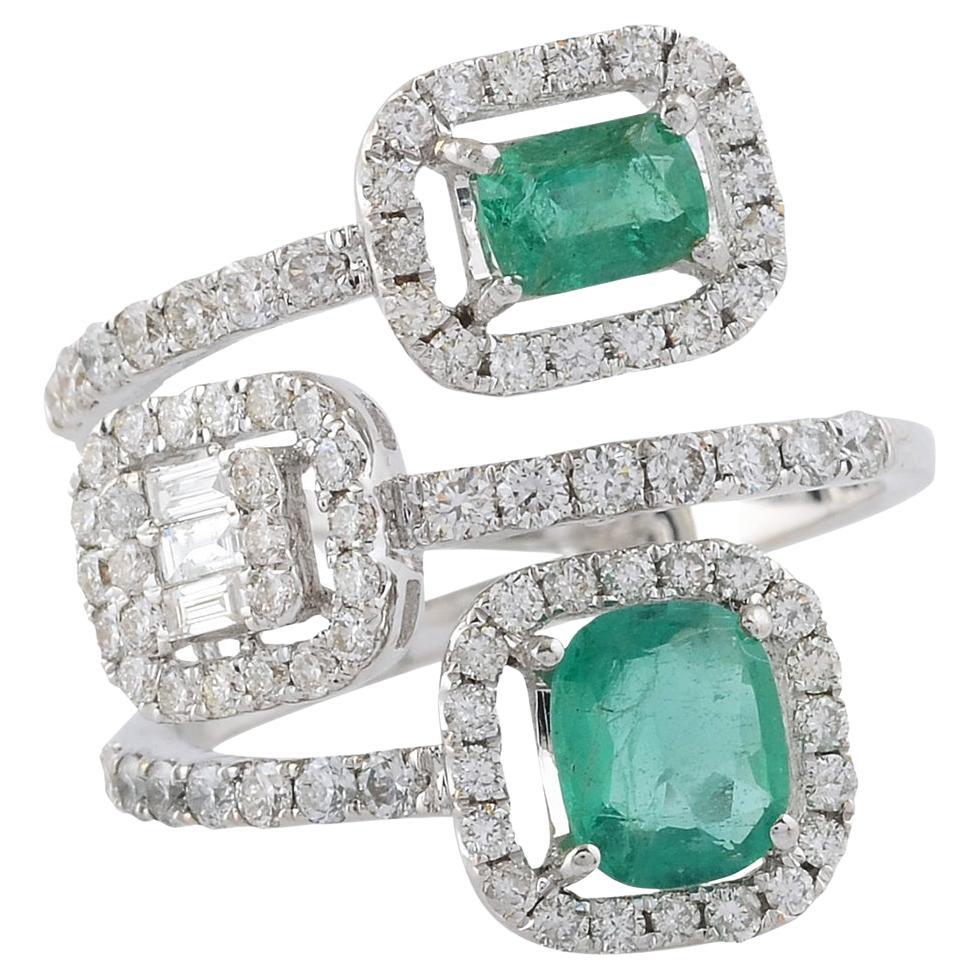 Zambian Emerald Gemstone Ring Diamond 18 Karat White Gold Handmade Fine Jewelry For Sale