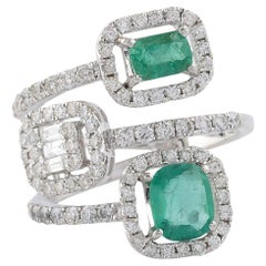 Zambian Emerald Gemstone Ring Diamond 18 Karat White Gold Handmade Fine Jewelry
