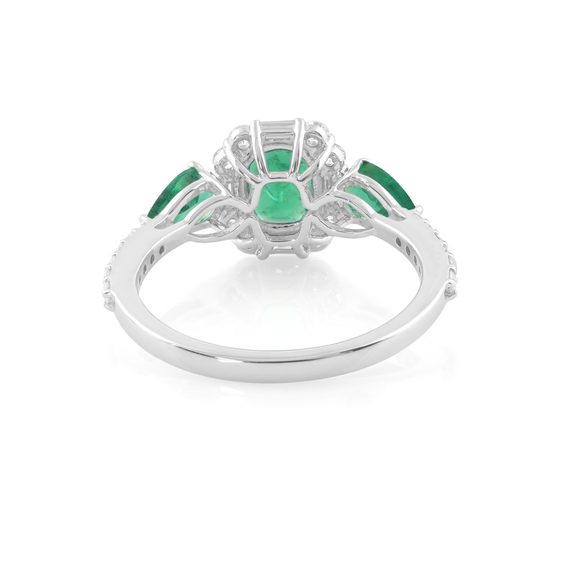 Modern Zambian Emerald Gemstone Ring Diamond 18 Karat White Gold Handmade Jewelry For Sale