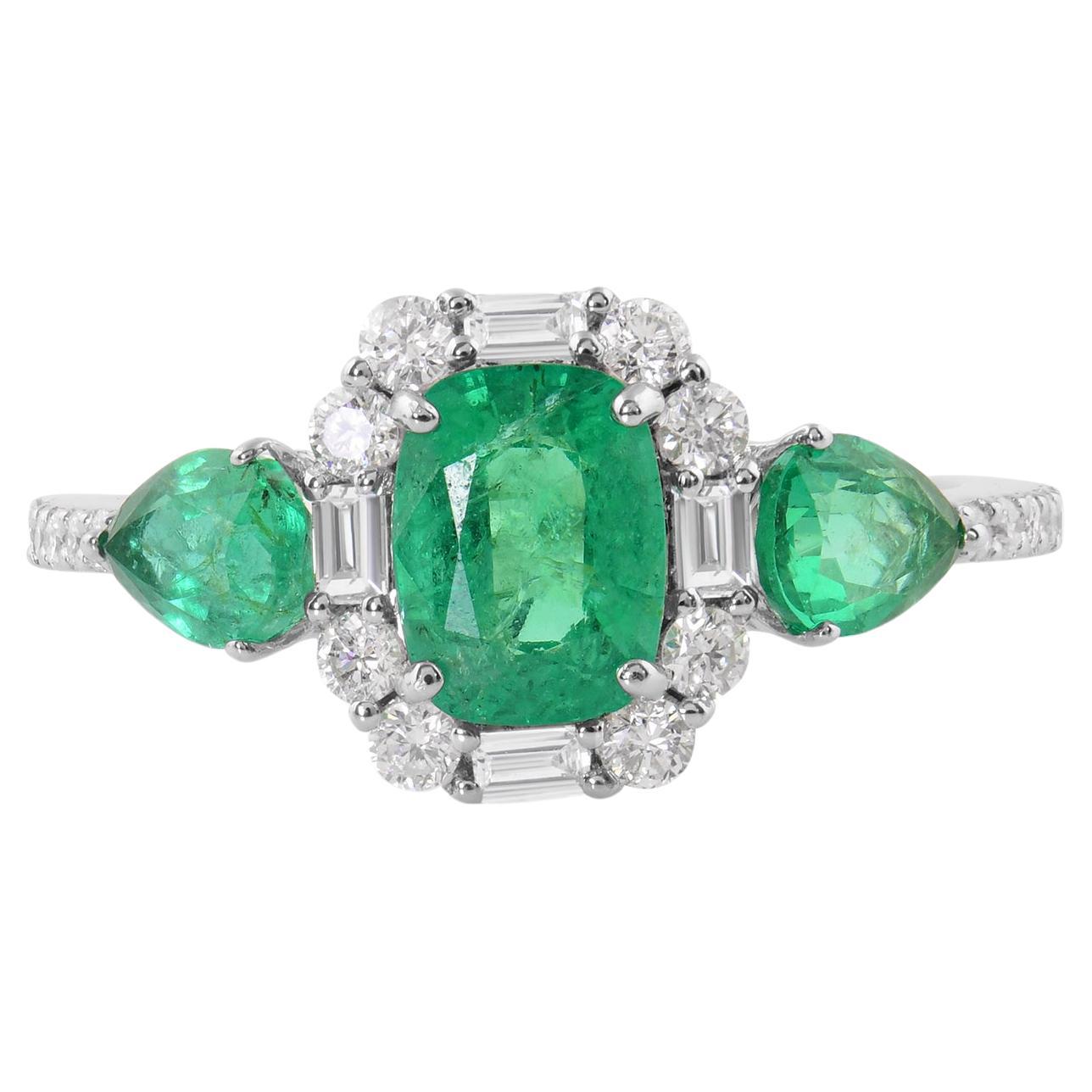 Zambian Emerald Gemstone Ring Diamond 18 Karat White Gold Handmade Jewelry