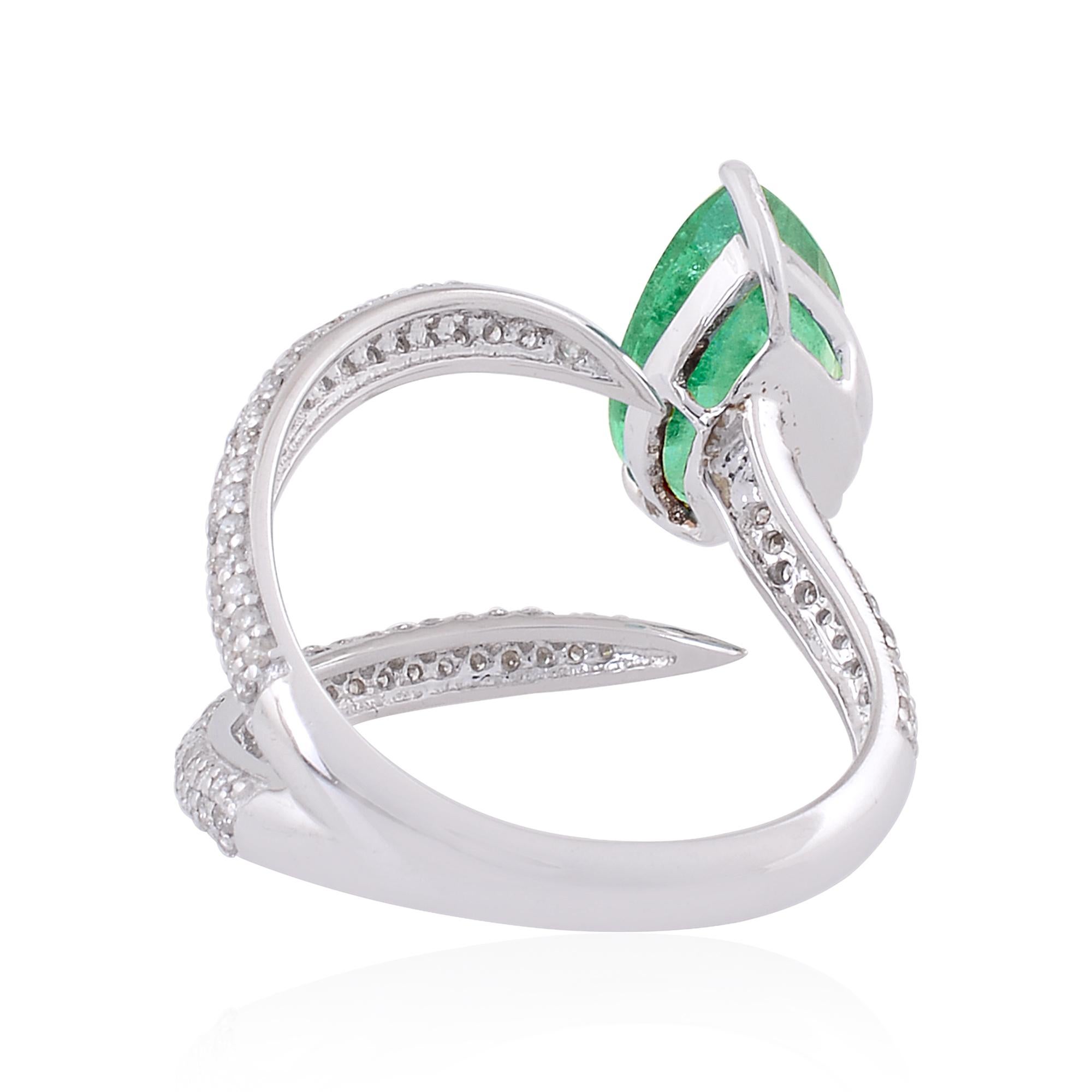 Modern Zambian Emerald Gemstone Ring Diamond Pave 14 Karat White Gold Handmade Jewelry For Sale