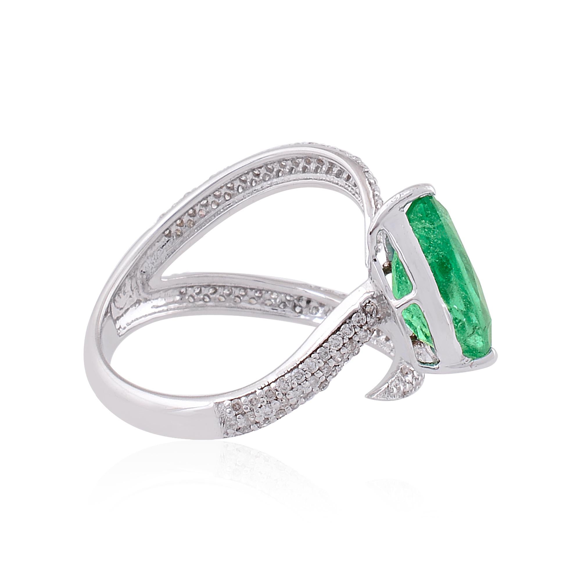 Pear Cut Zambian Emerald Gemstone Ring Diamond Pave 14 Karat White Gold Handmade Jewelry For Sale