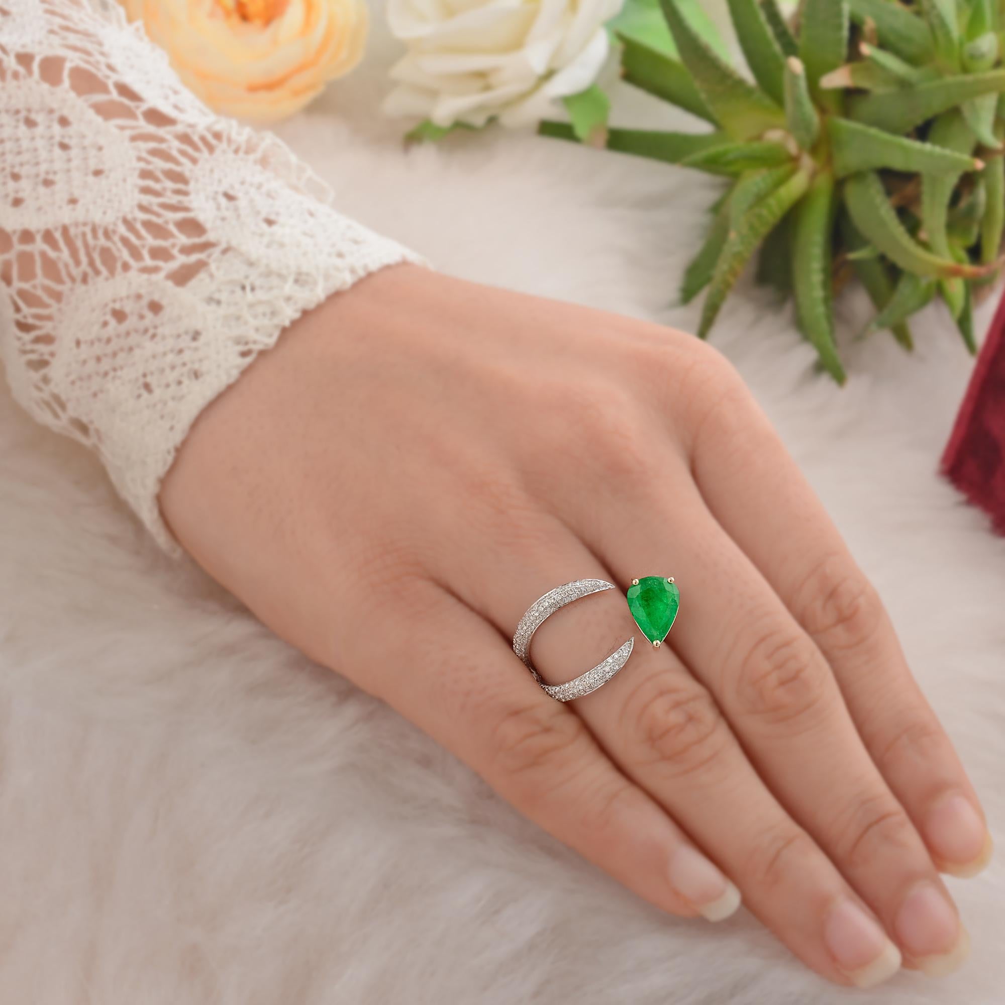 Women's Zambian Emerald Gemstone Ring Diamond Pave 14 Karat White Gold Handmade Jewelry For Sale
