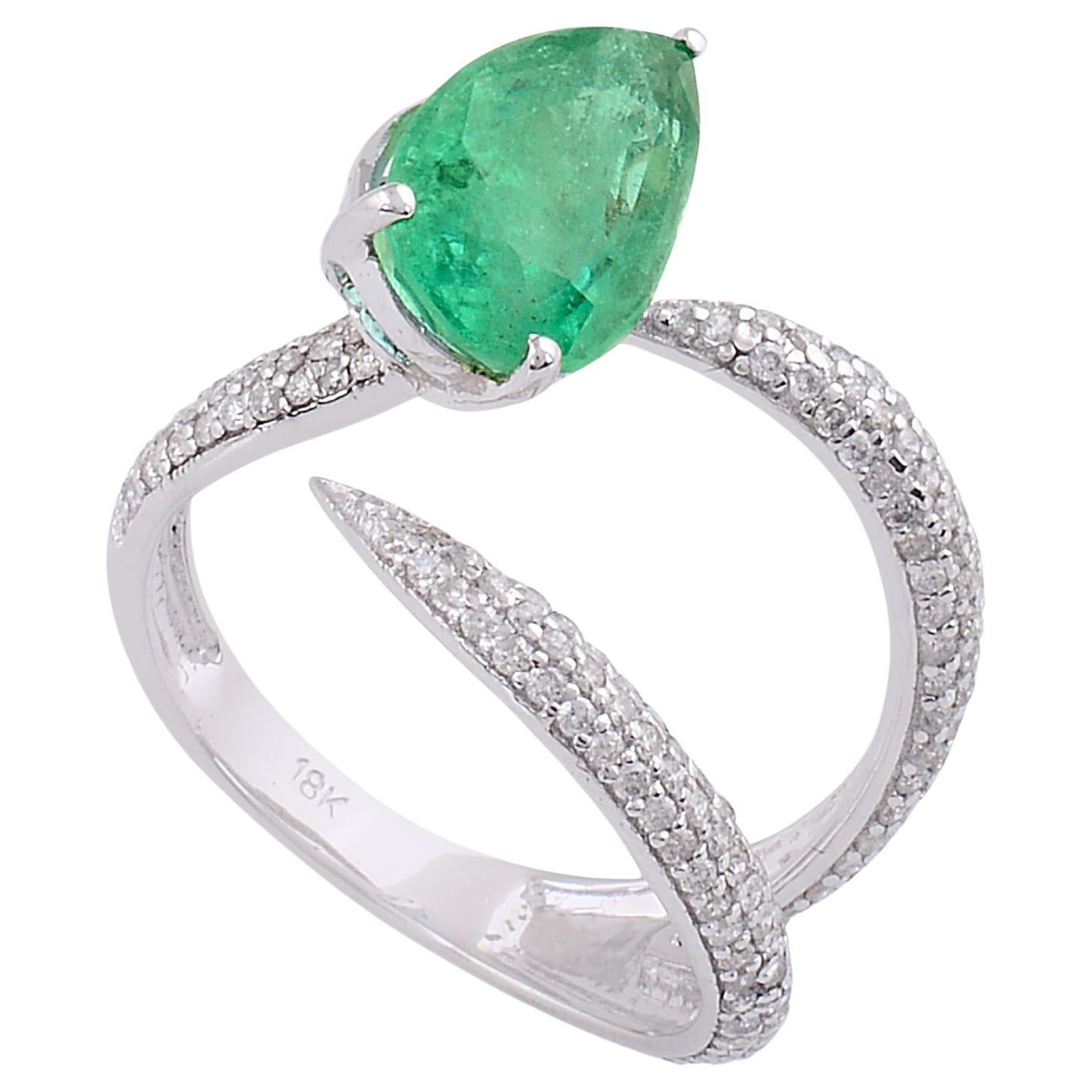 Zambian Emerald Gemstone Ring Diamond Pave 18 Karat White Gold Handmade Jewelry
